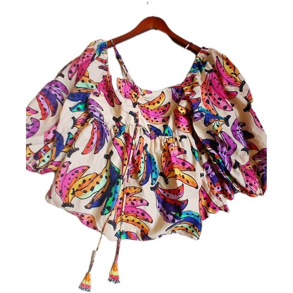 FARM Rio Tops - Farm Rio Banana Bunch Beaded Tassel Blouse Tiki Top Anthropologie Puff Small